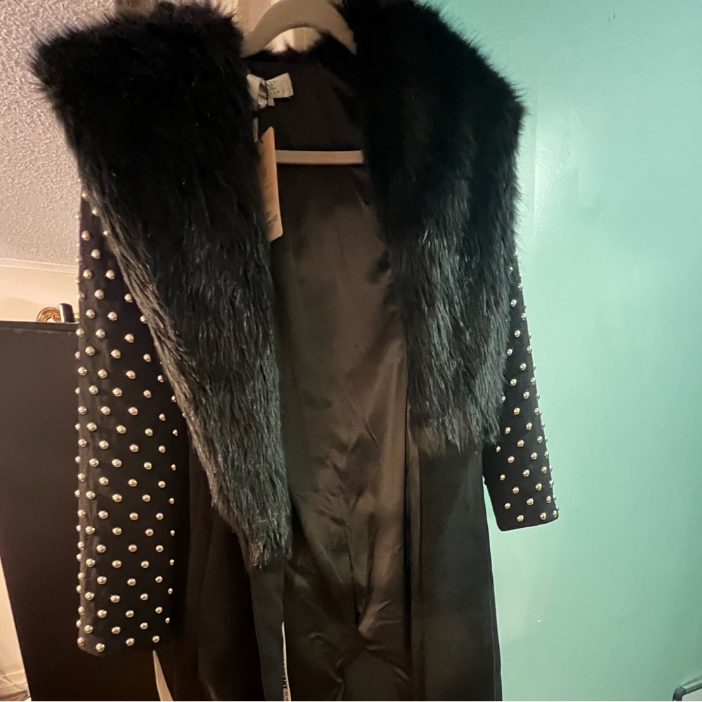 Black Faux Fur Trim Coat